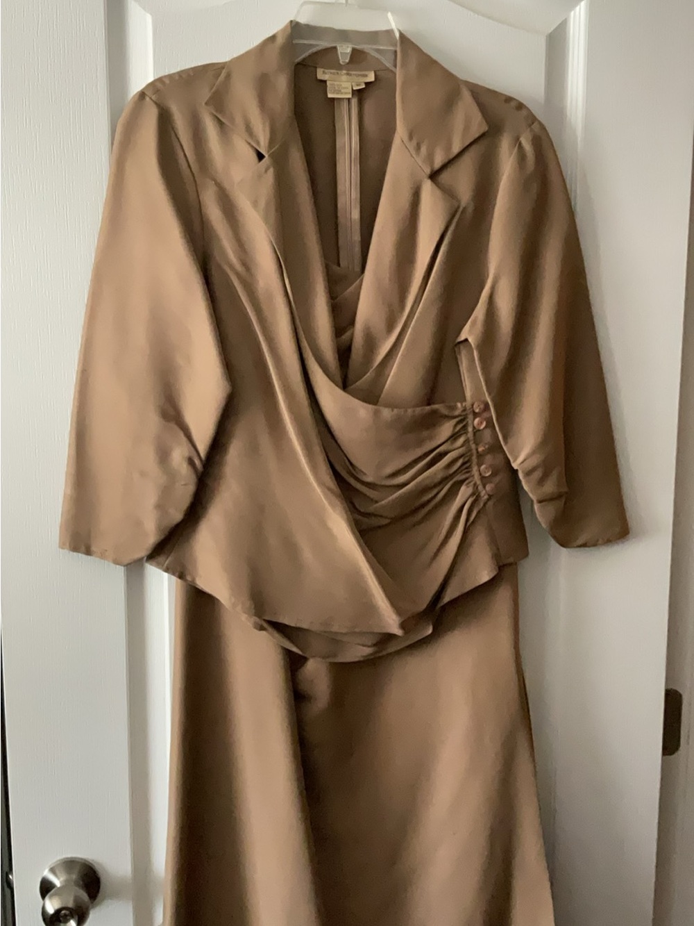 Women's Tan Satin Maxi Skirt Set with Draped blouse size 10
